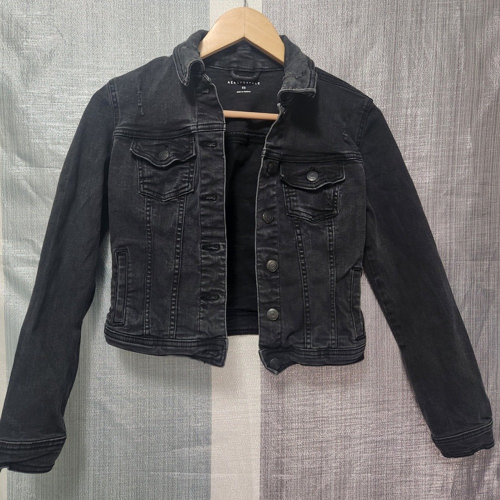 Aeropostale Womens XS Black Distressed Denim Trucker Jacket Grunge Y2K Alt Emo